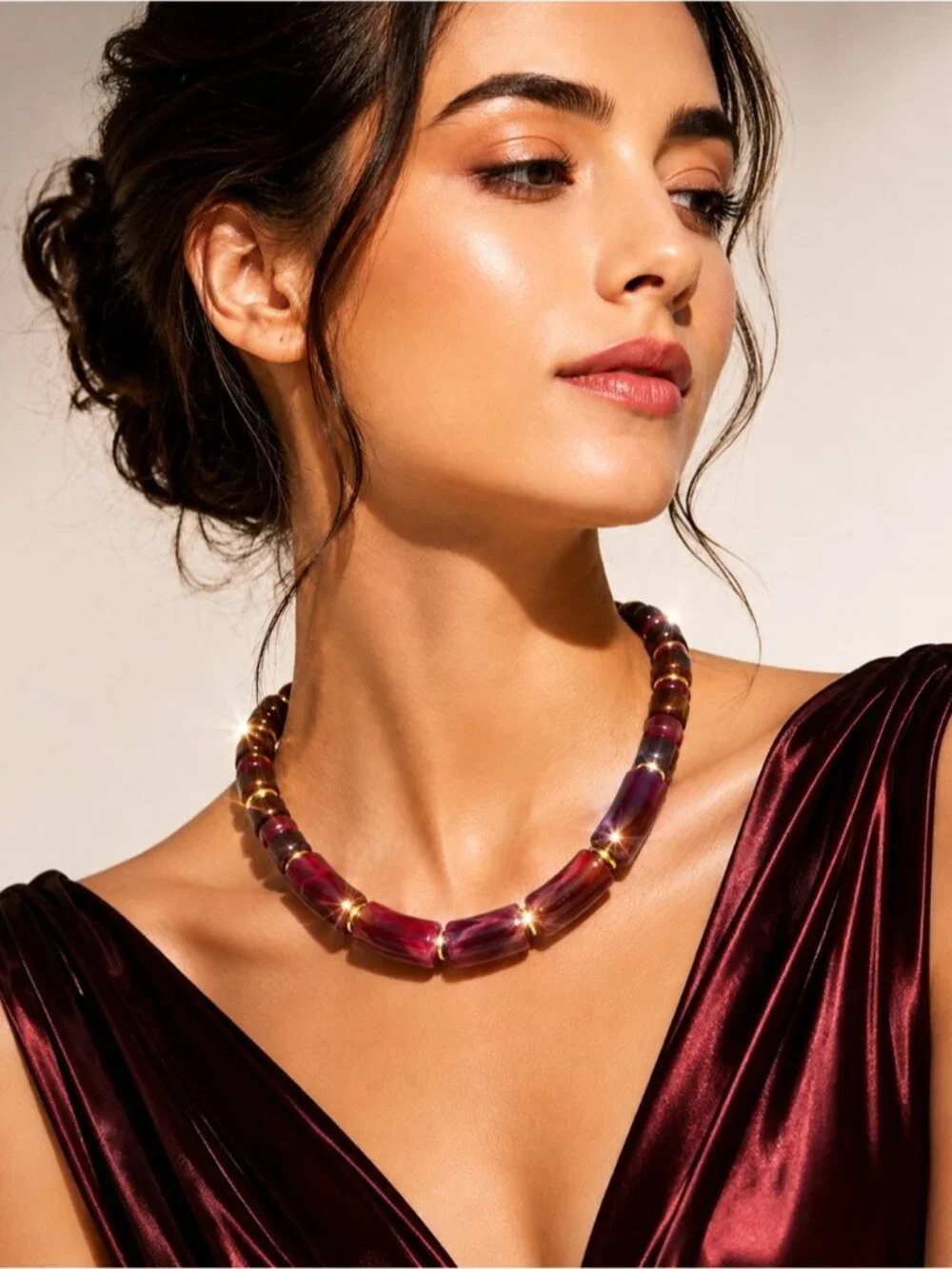 Maroon and Wine Beaded Necklace with Gold Accents